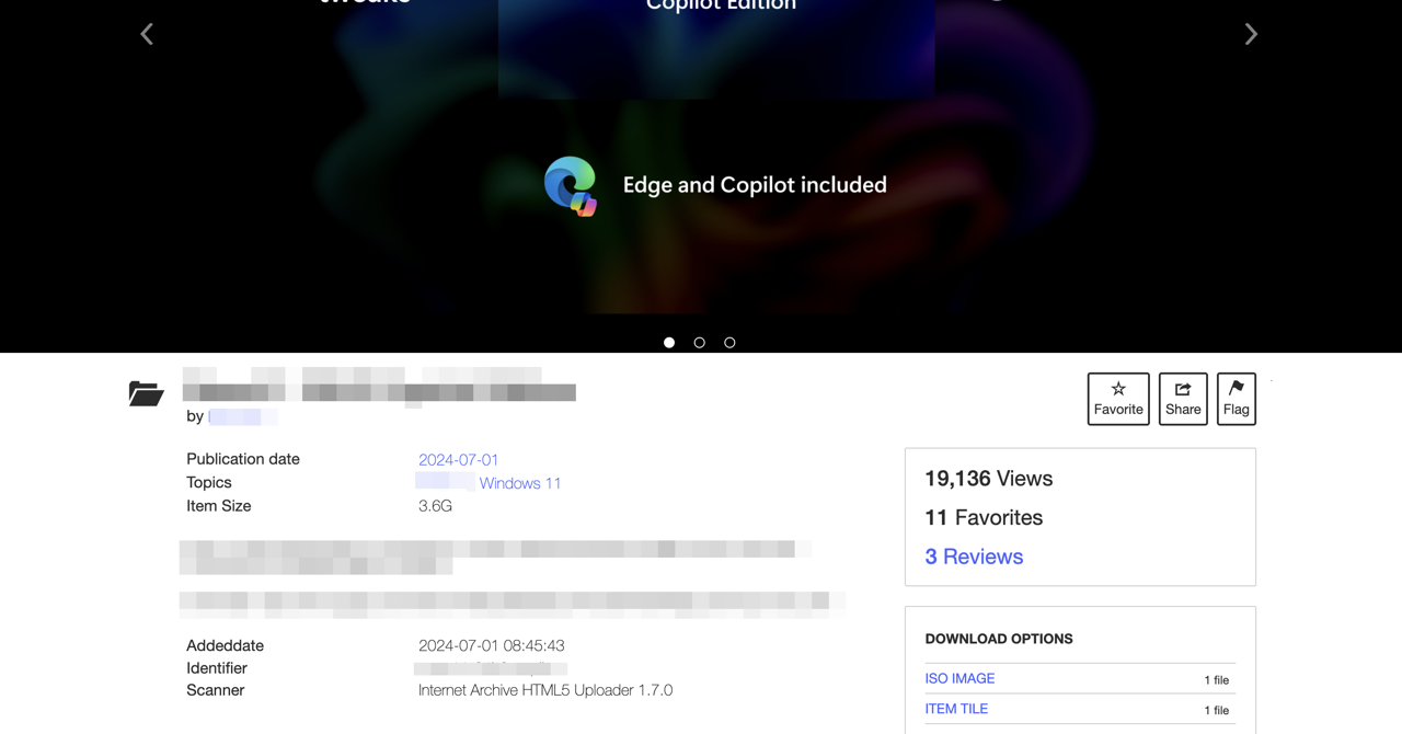 Internet Archiveで配布されている無断改変軽量版Windows 11 isoイメージの例